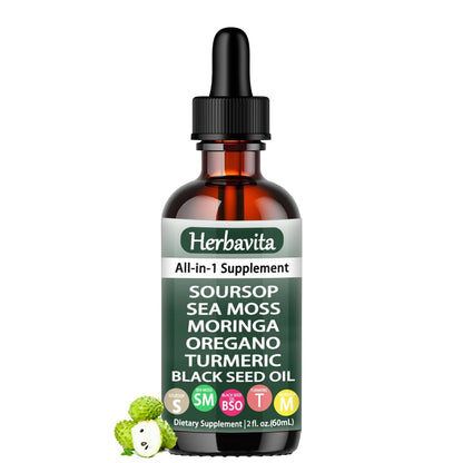 Herbavita Soursop Liquid Drops 10-in-1 | Sea Moss, Moringa, Turmeric & Black Seed Oil | Vegan, Non-GMO