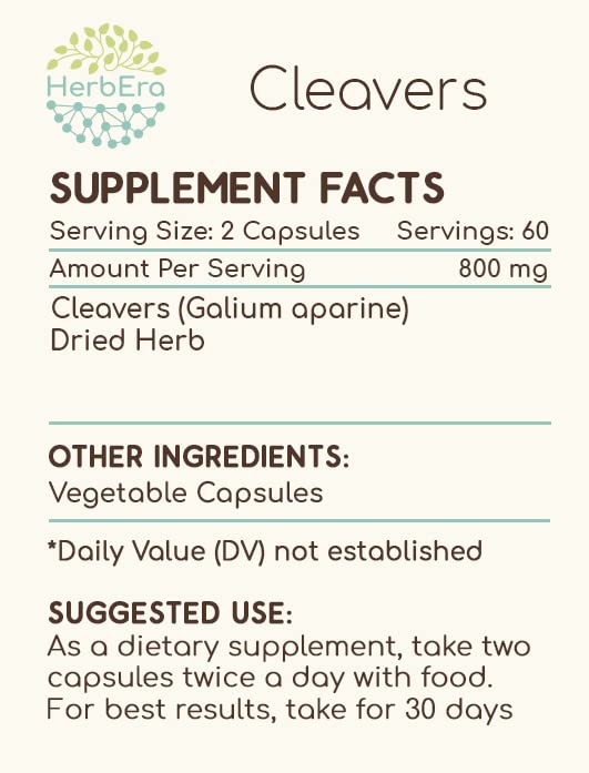 HerbEra Cleavers 120 Capsules – 400 mg Galium aparine Dried Herb