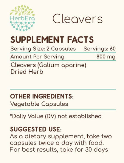 HerbEra Cleavers 120 Capsules – 400 mg Galium aparine Dried Herb