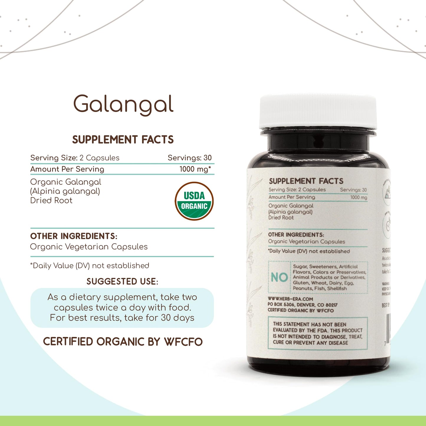 HerbEra Galangal 60 Capsules – 500 mg, USDA Organic Galangal (Alpinia Galangal) – Pack of 2