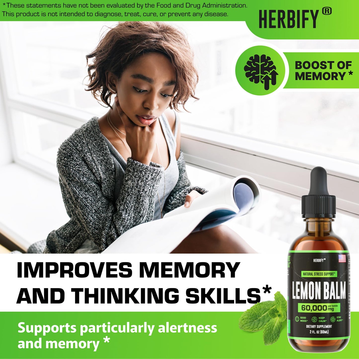 HERBIFY Lemon Balm Tincture – Melissa Officinalis, Brain & Mood Support (2 oz)