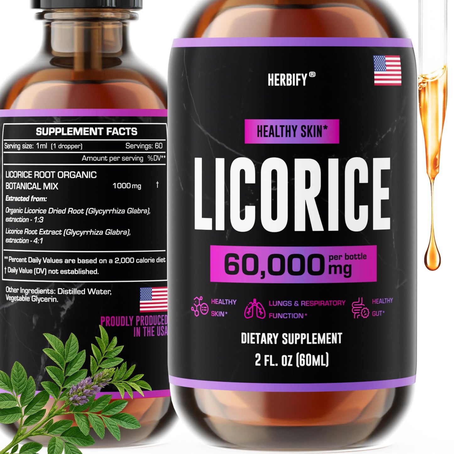 HERBIFY Licorice Root Extract – Powerful Licorice Supplement for Lung Health, Skin Support, and Immune Wellness (USA Made, 2oz)