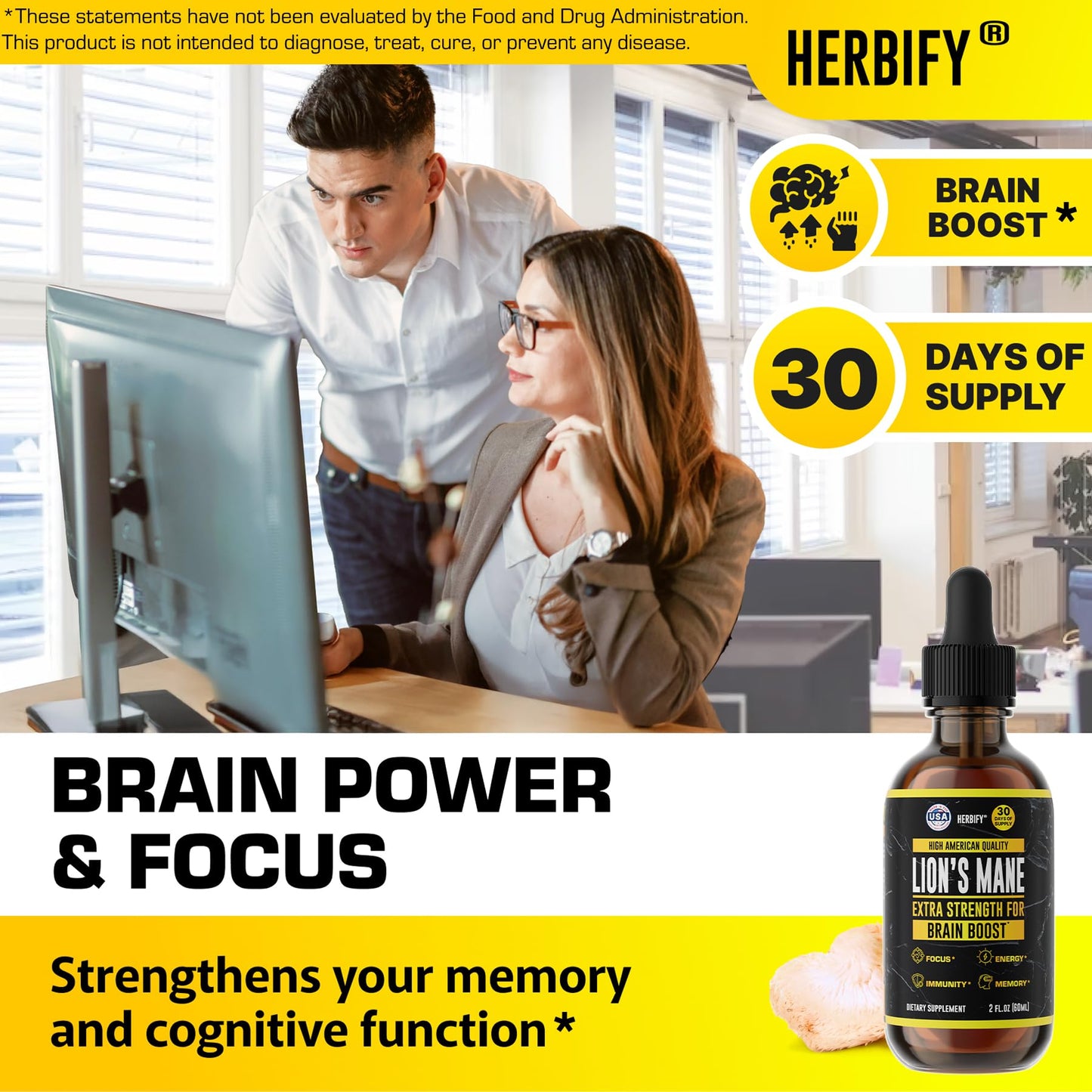 HERBIFY Lions Mane Mushroom Supplement - Immune Support & Focus (2 fl oz, 2 Pack)