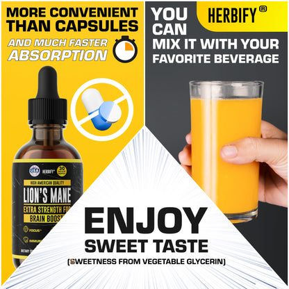 HERBIFY Lions Mane Mushroom Supplement - Immune Support & Focus (2 fl oz, 2 Pack)