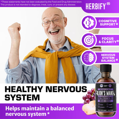 HERBIFY Lions Mane Supplement – Brain Booster for Memory, Focus & Clarity | 4 fl oz Grape