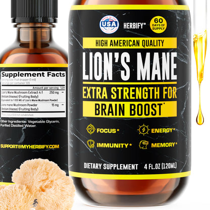 HERBIFY Lions Mane Supplement – Brain Booster, Focus & Clarity, Immune Support | 4 oz