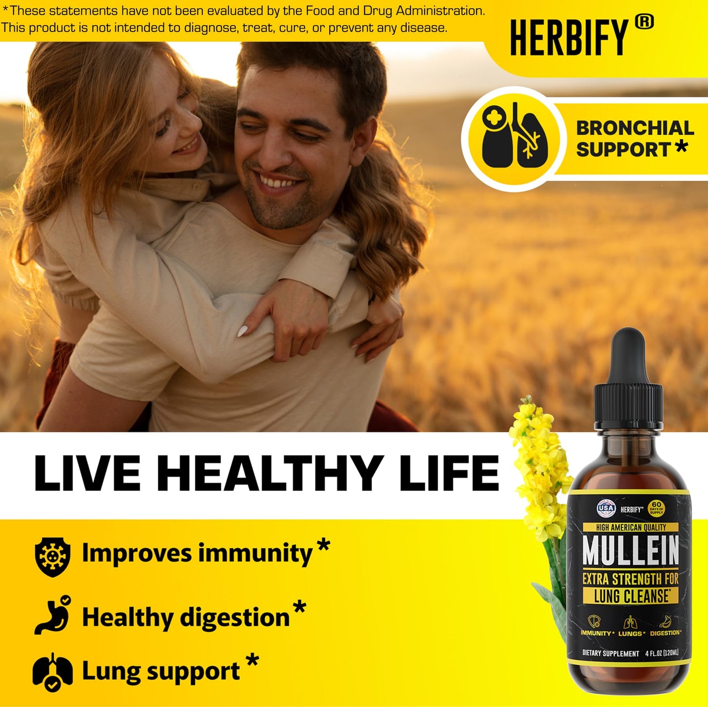 HERBIFY Mullein Drops - Lung Cleanse, Immune Support | Made in USA | 4 Oz