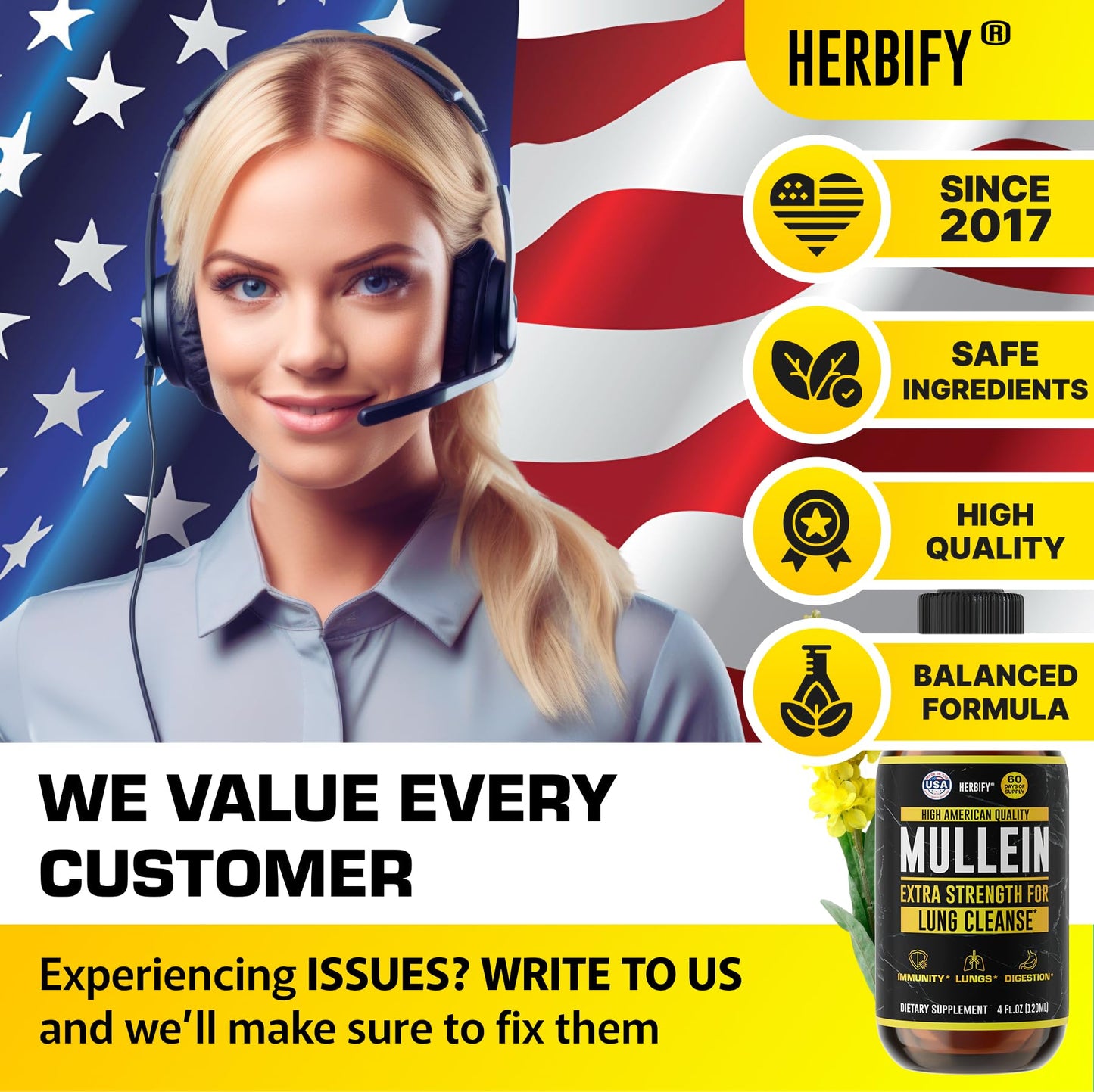 HERBIFY Mullein Drops - Lung Cleanse, Immune Support | Made in USA | 4 Oz