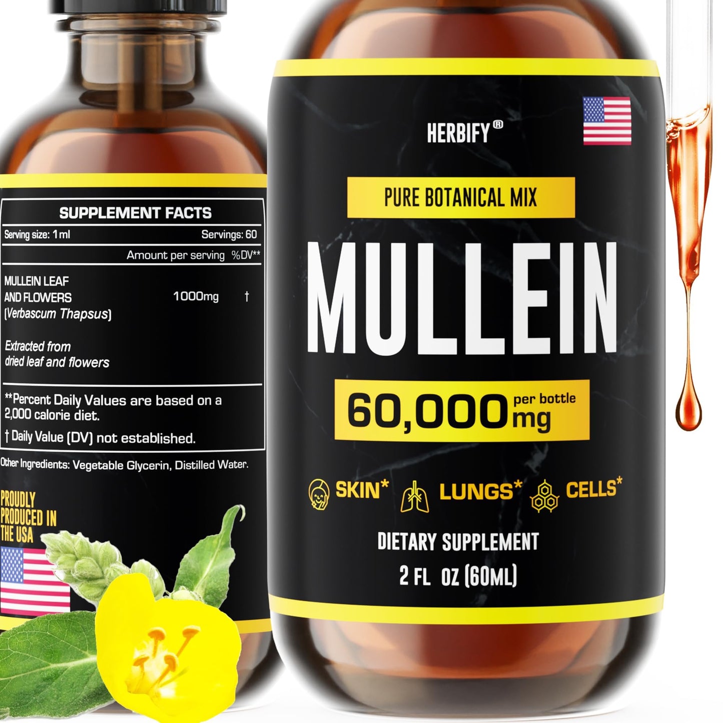 HERBIFY Mullein Extract 2 oz Tincture for Respiratory Health – Mullein Leaf & Flowers Blend