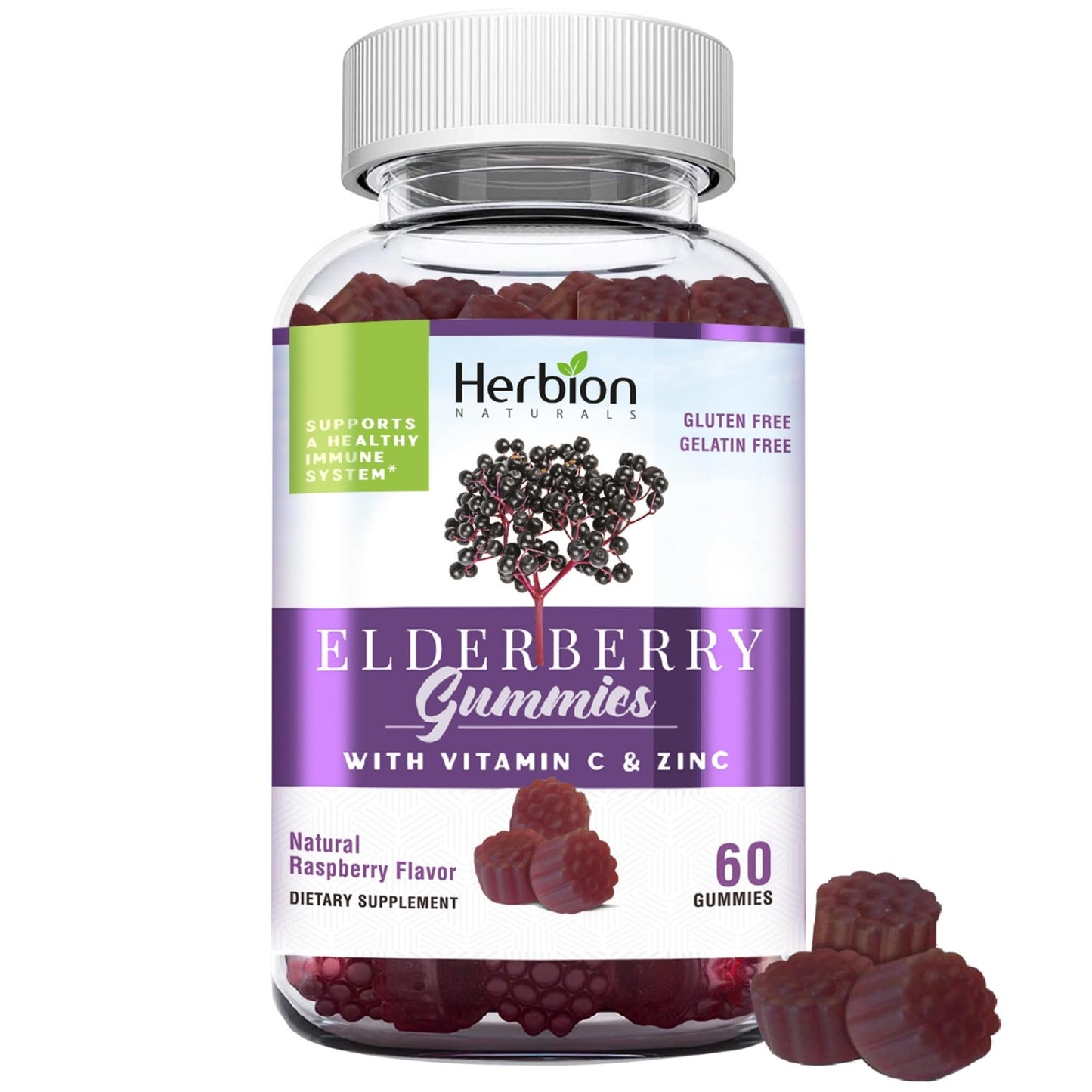 HERBION Elderberry Gummies with Vitamin C & Zinc | Immune Support, Gluten-Free & Gelatin-Free, 60 Gummies (USA Made)