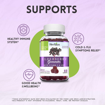 HERBION Elderberry Gummies with Vitamin C & Zinc | Immune Support, Gluten-Free & Gelatin-Free, 60 Gummies (USA Made)