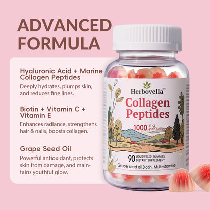 Herbovella Marine Collagen Gummies for Women | 1000mg Type I Collagen, Biotin & Hyaluronic Acid