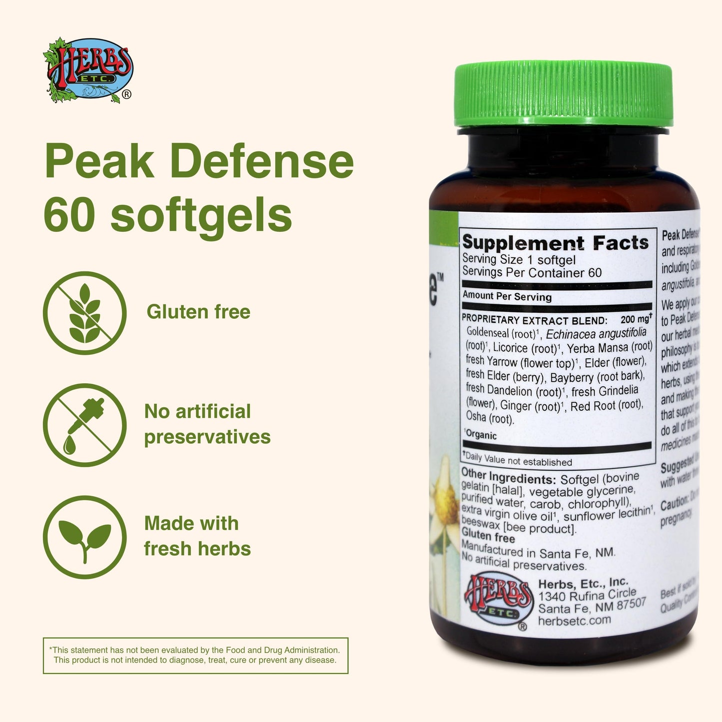 Herbs Etc. Peak Defense – Immune Support & Respiratory Health | Gluten-Free, 60 Softgels