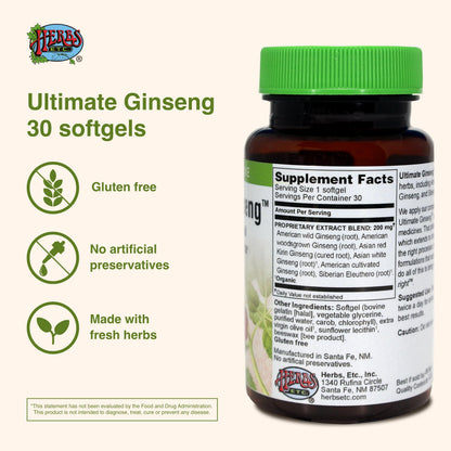 Herbs Etc. Ultimate Ginseng Softgels – Stamina & Brain Health | Gluten-Free 30 Servings