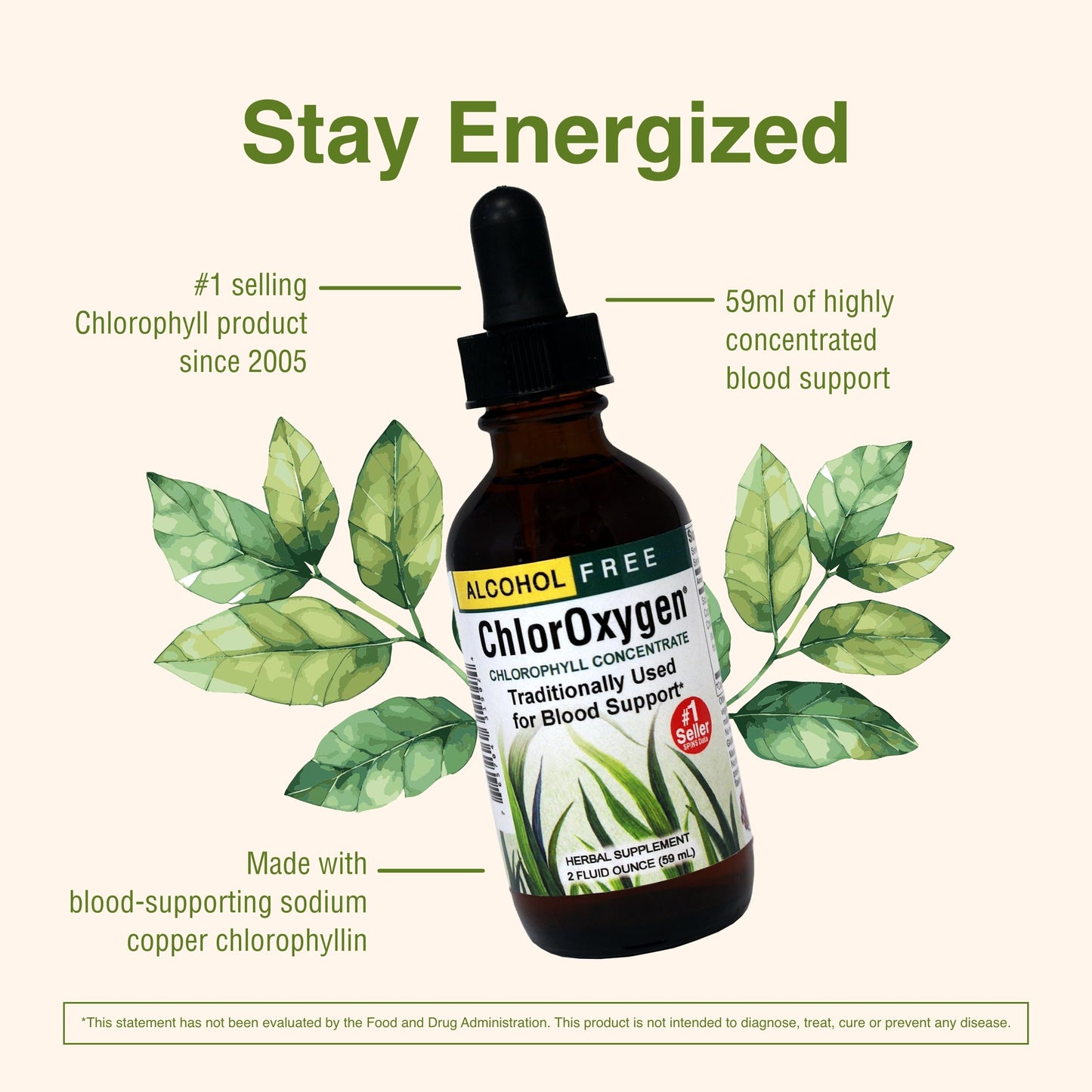 ChlorOxygen Chlorophyll Concentrate by Herbs Etc. - Alcohol-Free, Highly-Concentrated Chlorophyll | 2 oz (132 Servings)