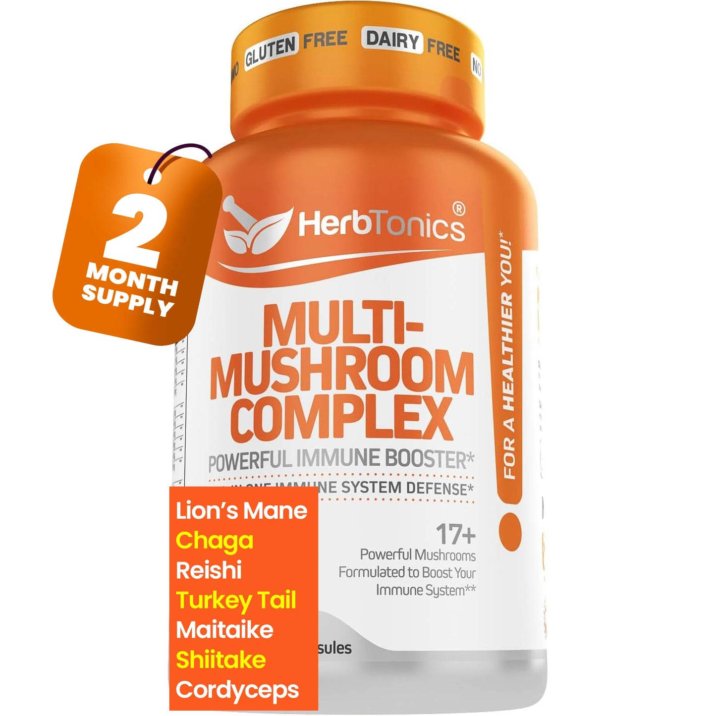 Herbtonics All-in-One Mushroom Supplement for Immune System Support | 120 Vegan Capsules