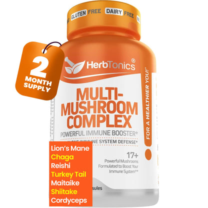 Herbtonics All-in-One Mushroom Supplement for Immune System Support | 120 Vegan Capsules