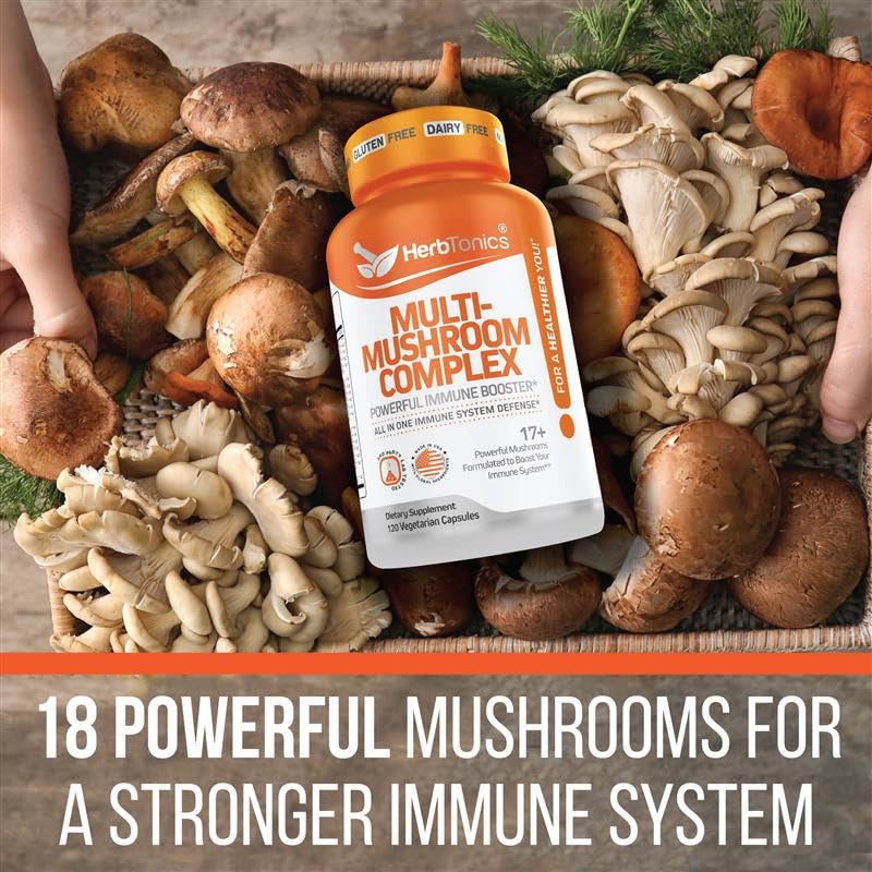 Herbtonics All-in-One Mushroom Supplement for Immune System Support | 120 Vegan Capsules