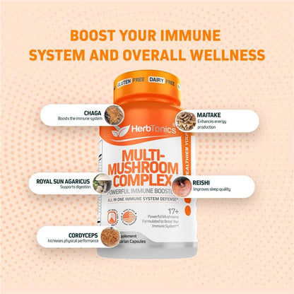 Herbtonics All-in-One Mushroom Supplement for Immune System Support | 120 Vegan Capsules