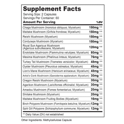 Herbtonics All-in-One Mushroom Supplement for Immune System Support | 120 Vegan Capsules