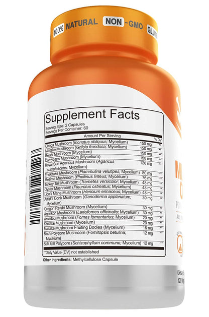 Herbtonics All-in-One Mushroom Supplement for Immune System Support | 120 Vegan Capsules