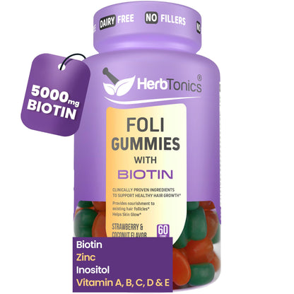 Herbtonics Foli Biotin Gummies – Hair Growth Vitamins for Women & Men | Sugarfree, 60 Count