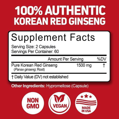 Herbtonics Korean Red Panax Ginseng 1500mg - Energy, Focus & Vitality | 120 Vegan Capsules