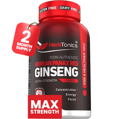 Herbtonics Korean Red Panax Ginseng 1500mg - Energy, Focus & Vitality | 120 Vegan Capsules