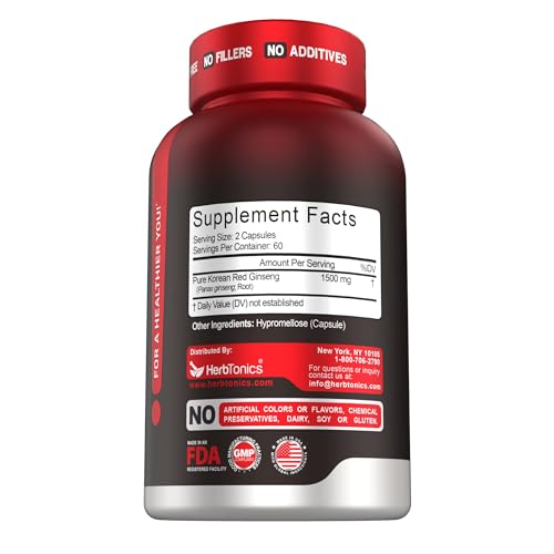 Herbtonics Korean Red Panax Ginseng 1500mg - Energy, Focus & Vitality | 120 Vegan Capsules