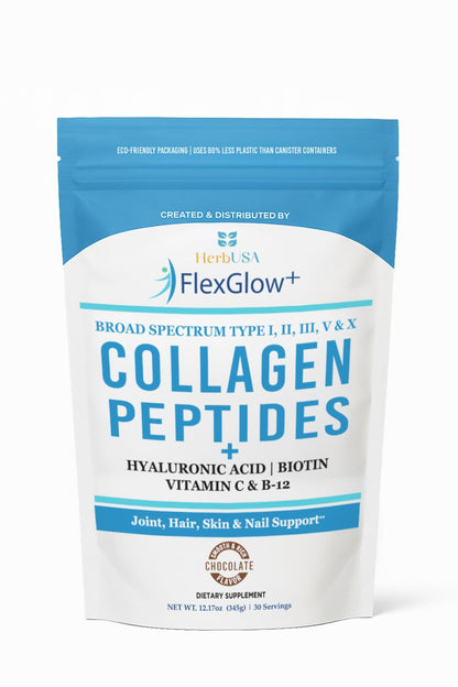 HerbUSA FlexGlow+ Collagen Peptides – 6,900mg Broad Spectrum I, II, III, V & X | Hair, Skin & Joint Support