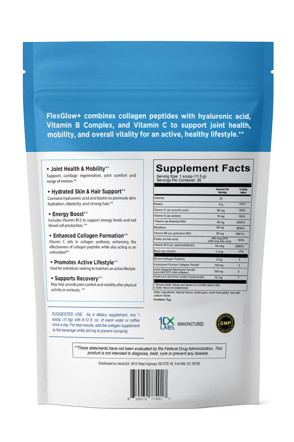 HerbUSA FlexGlow+ Collagen Peptides – 6,900mg Broad Spectrum I, II, III, V & X | Hair, Skin & Joint Support