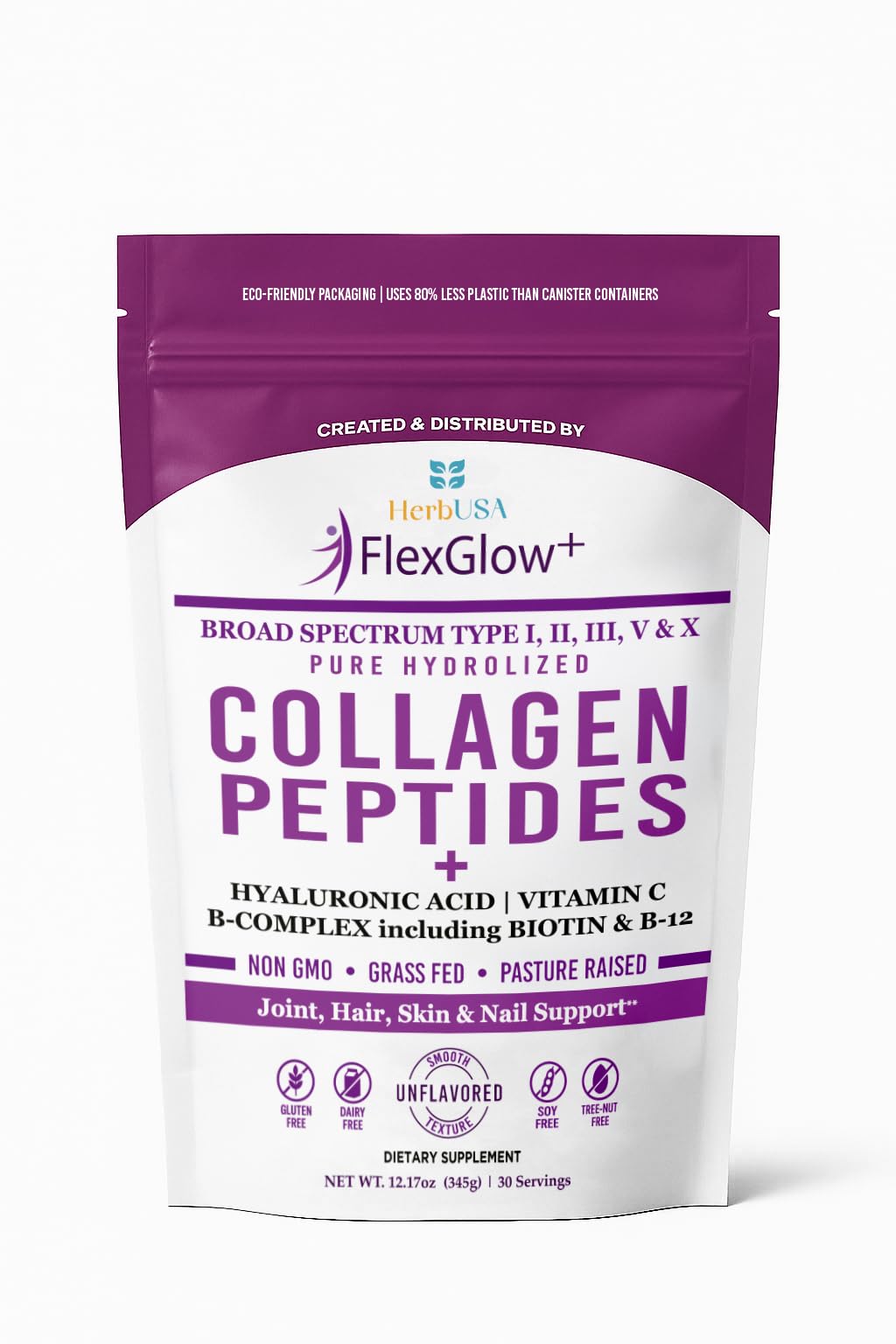 HerbUSA FlexGlow+ Collagen Peptides – 6,900mg per Serving with I, II, III, V, X | Hyaluronic Acid, Biotin & Vitamin C
