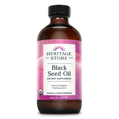 HERITAGE STORE Organic Black Seed Oil – Cold-Pressed Nigella Sativa, Thymoquinone, Vegan 8oz