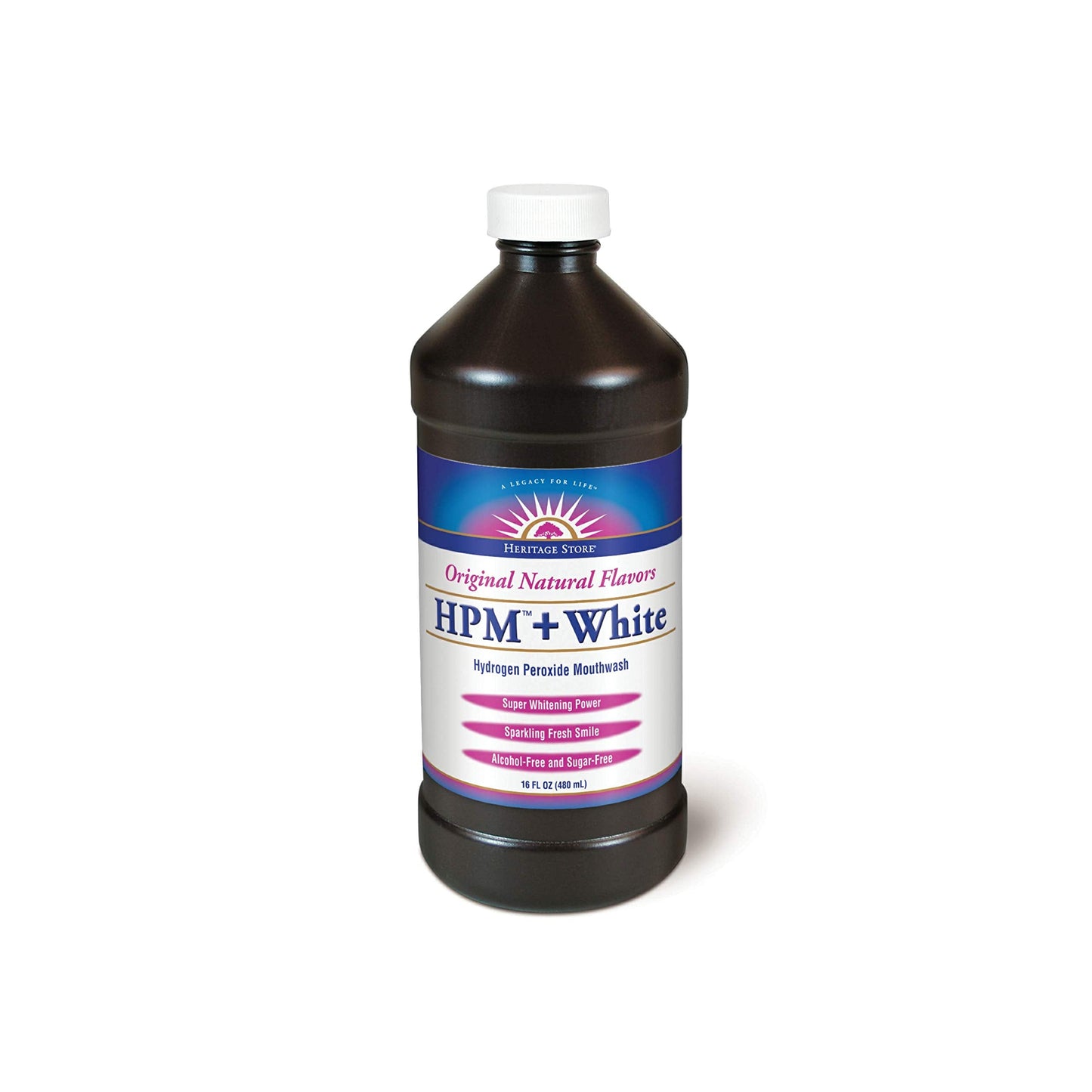 Heritage Store HPM + White Mouthwash - Whitening Hydrogen Peroxide Rinse, Alcohol & Fluoride Free, 16 oz