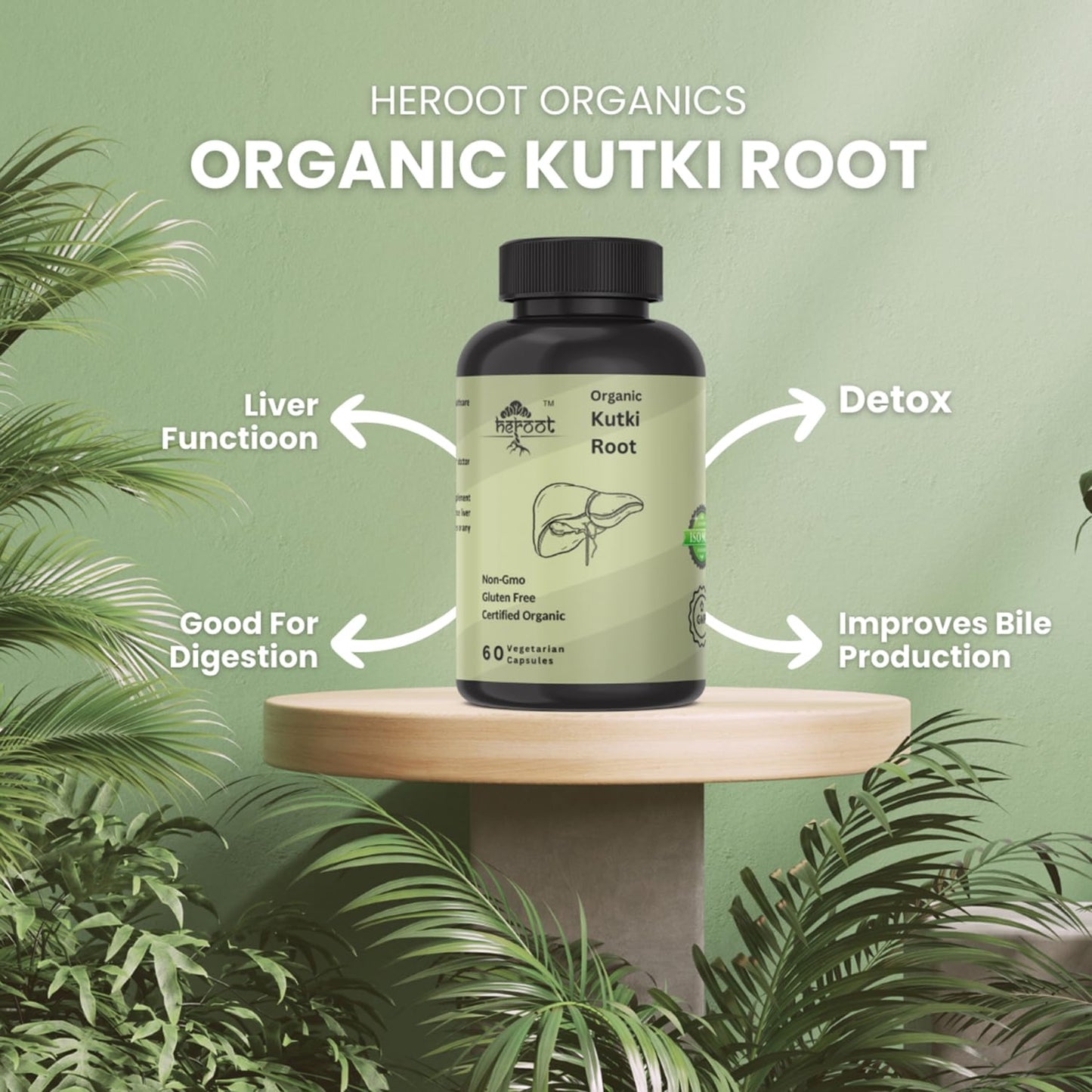 Heroot Organic Kutki Root Capsules, 120 Vegetarian Capsules, Non-GMO, Gluten Free, Certified Organic