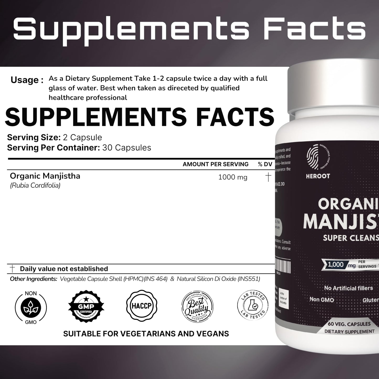 Heroot Organic Manjistha Root 400mg Organic Skin Supplement | Rubia Cordifolia