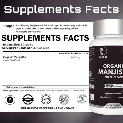 Heroot Organic Manjistha Root 400mg Organic Skin Supplement | Rubia Cordifolia