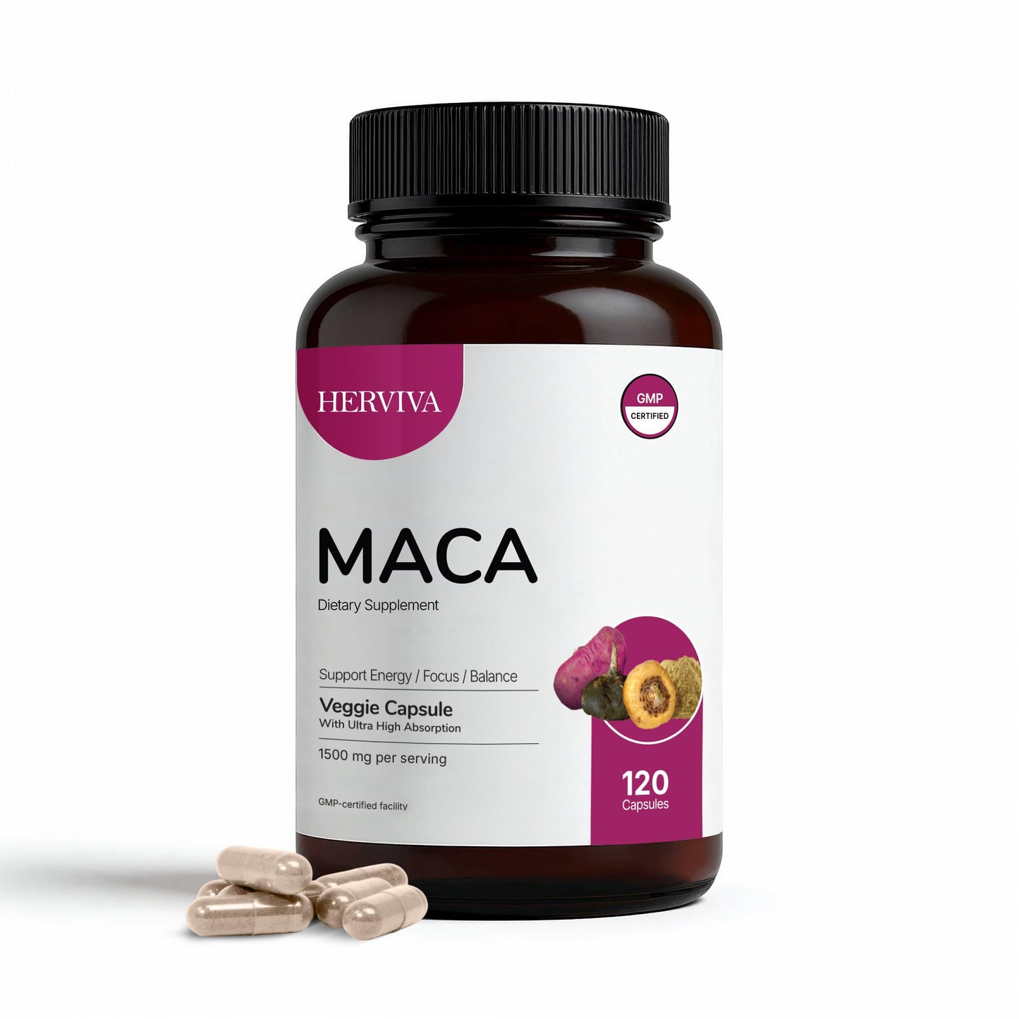 HERVIVA Maca Root Capsules – 1500mg per Serving | Vegan Veggie Capsules