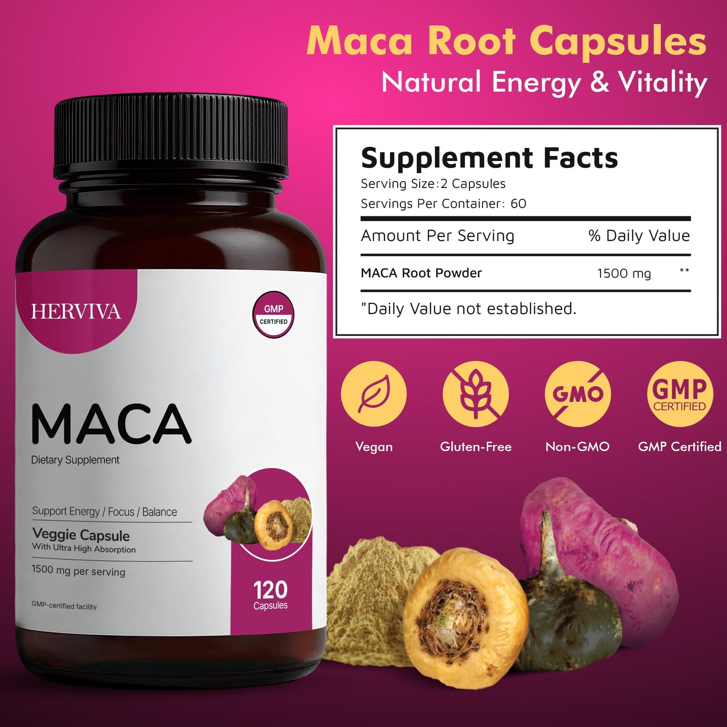 HERVIVA Maca Root Capsules – 1500mg per Serving | Vegan Veggie Capsules