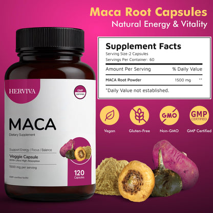 HERVIVA Maca Root Capsules – 1500mg per Serving | Vegan Veggie Capsules