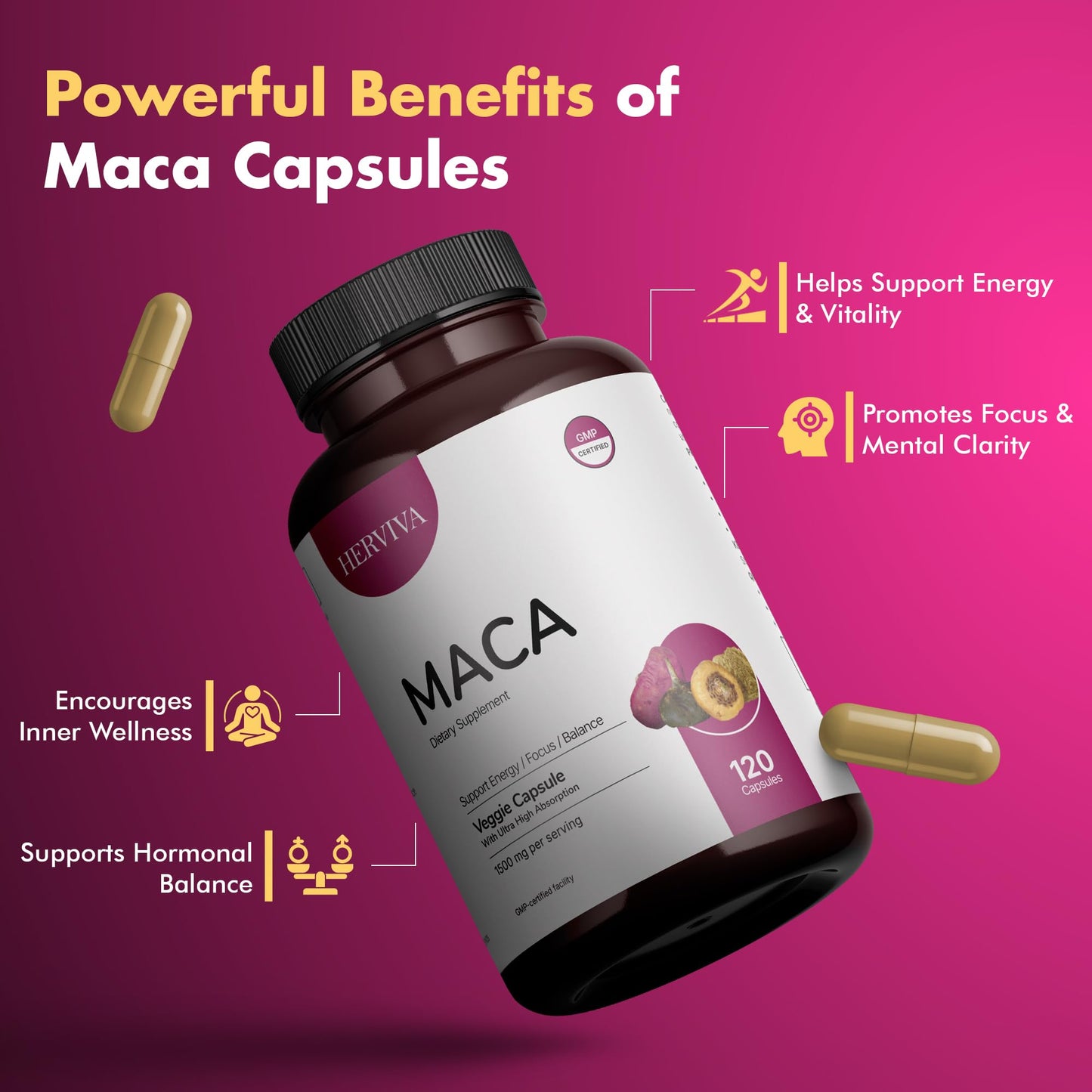 HERVIVA Maca Root Capsules – 1500mg per Serving | Vegan Veggie Capsules