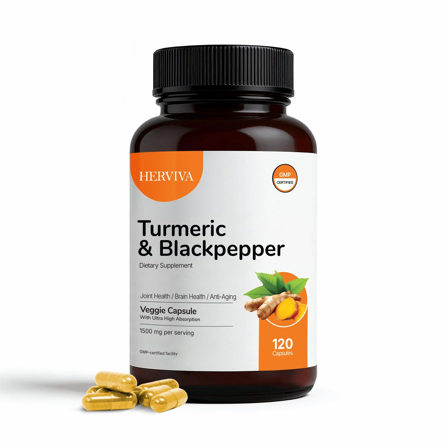 HERVIVA Turmeric Curcumin 1500mg with Black Pepper 5mg – High Potency, Vegan Capsules – Non-GMO, Gluten-Free – 120 Count