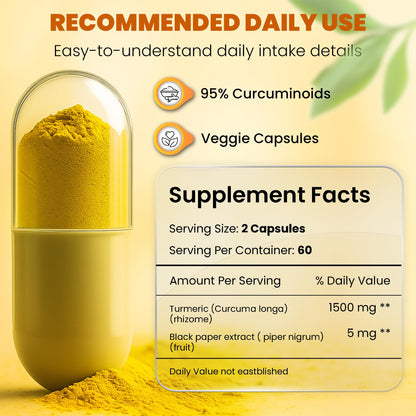 HERVIVA Turmeric Curcumin 1500mg with Black Pepper 5mg – High Potency, Vegan Capsules – Non-GMO, Gluten-Free – 120 Count