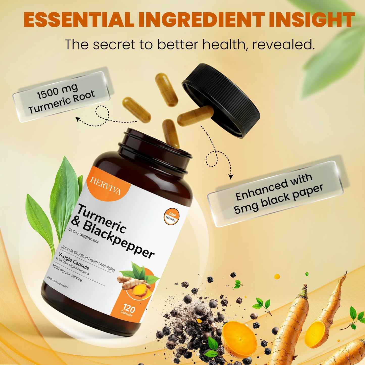 HERVIVA Turmeric Curcumin 1500mg with Black Pepper 5mg – High Potency, Vegan Capsules – Non-GMO, Gluten-Free – 120 Count