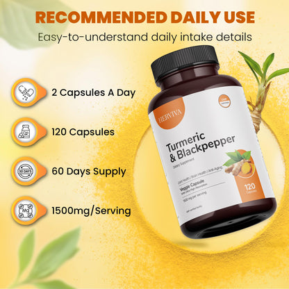 HERVIVA Turmeric Curcumin 1500mg with Black Pepper 5mg – High Potency, Vegan Capsules – Non-GMO, Gluten-Free – 120 Count