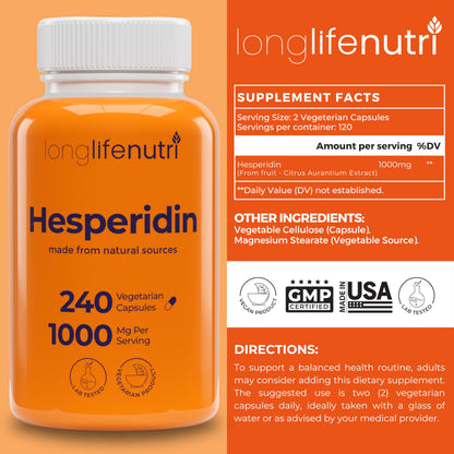 Hesperidin 1000mg | 240 Capsules (4 Months) | Cardiovascular Health & Circulation | Made in USA