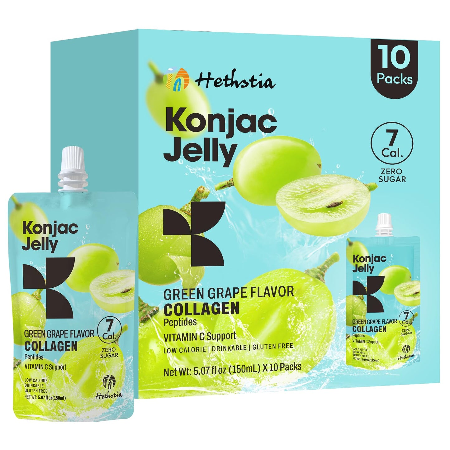 Hethstia Konjac Jelly Green Grape – 10 Pouches, Collagen Peptides, Zero Sugar, Keto, Gluten Free, Vegan