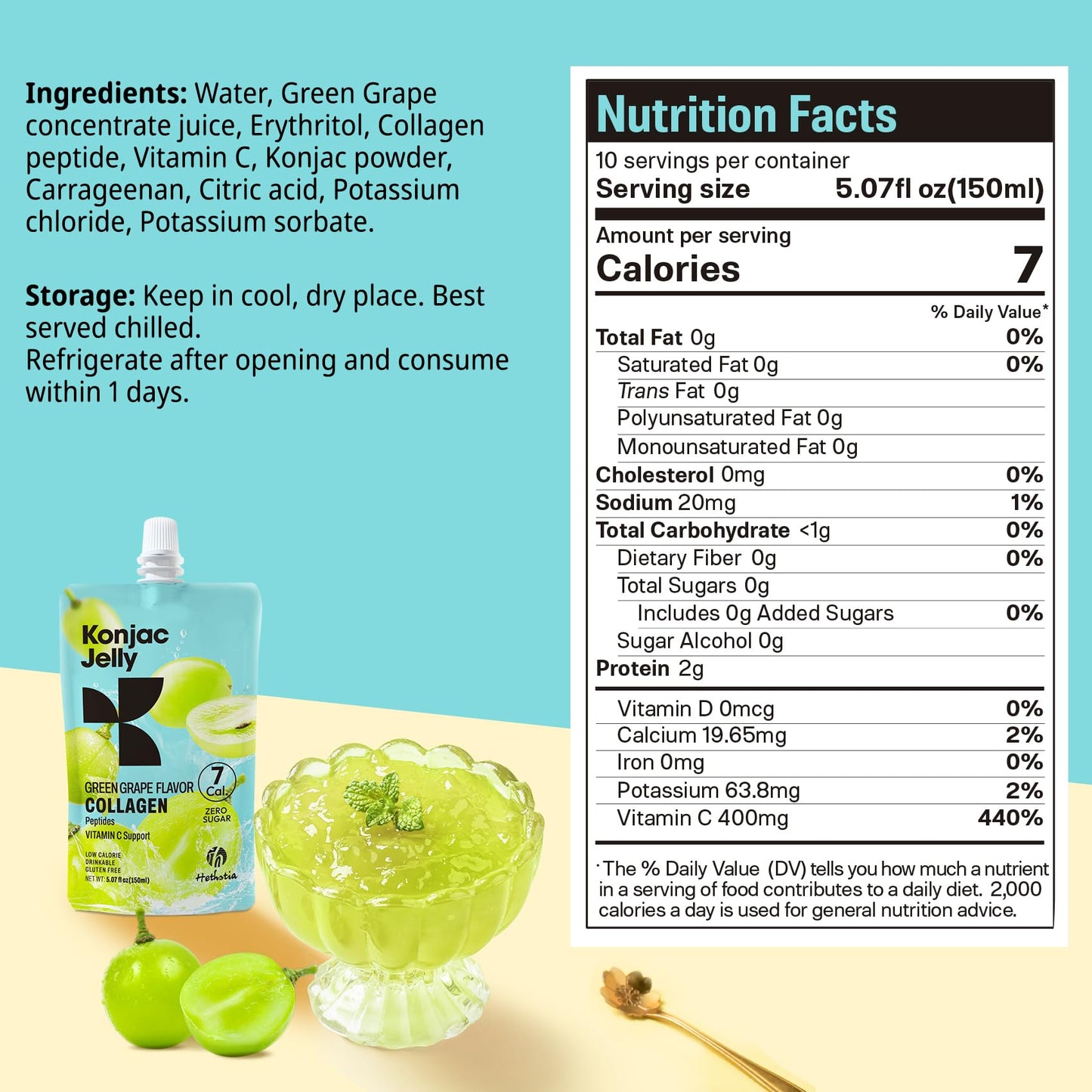 Hethstia Konjac Jelly Green Grape – 10 Pouches, Collagen Peptides, Zero Sugar, Keto, Gluten Free, Vegan