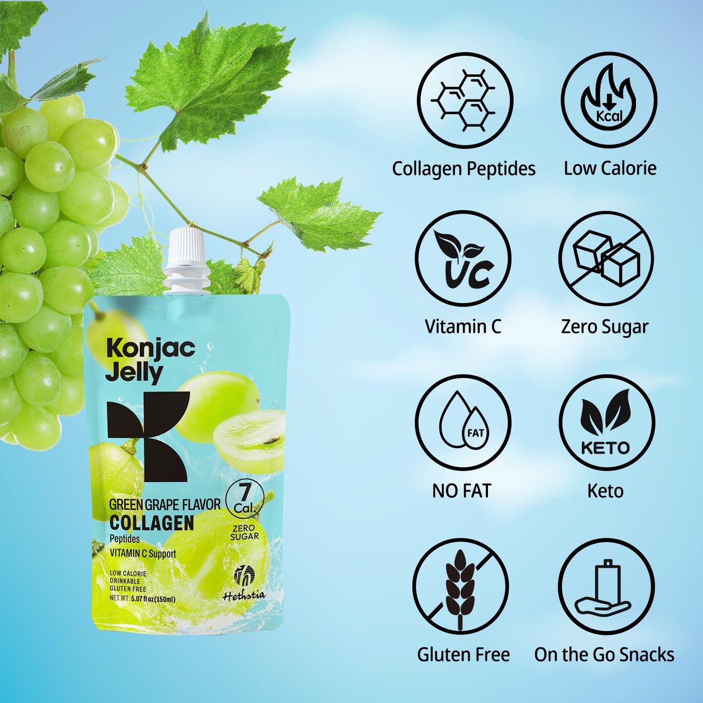 Hethstia Konjac Jelly Green Grape – 10 Pouches, Collagen Peptides, Zero Sugar, Keto, Gluten Free, Vegan