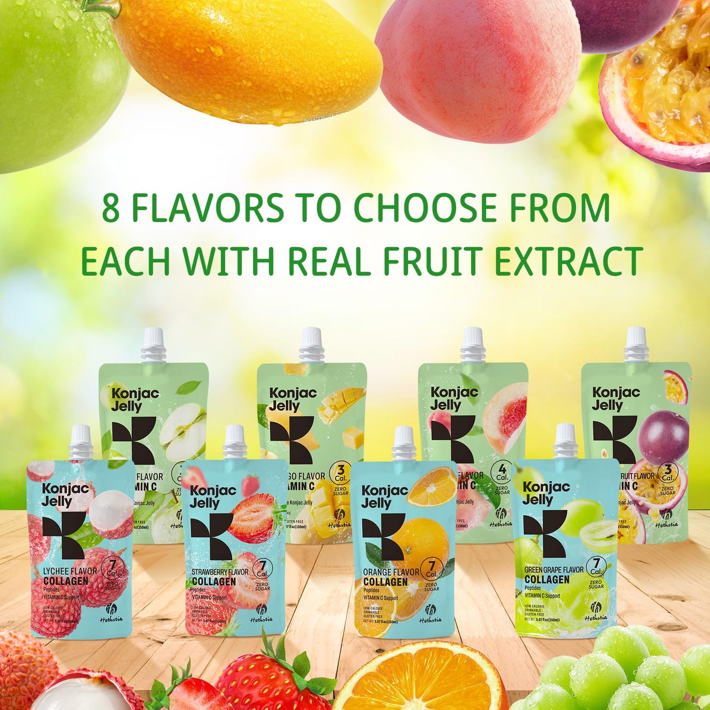 Hethstia Konjac Jelly Green Grape – 10 Pouches, Collagen Peptides, Zero Sugar, Keto, Gluten Free, Vegan